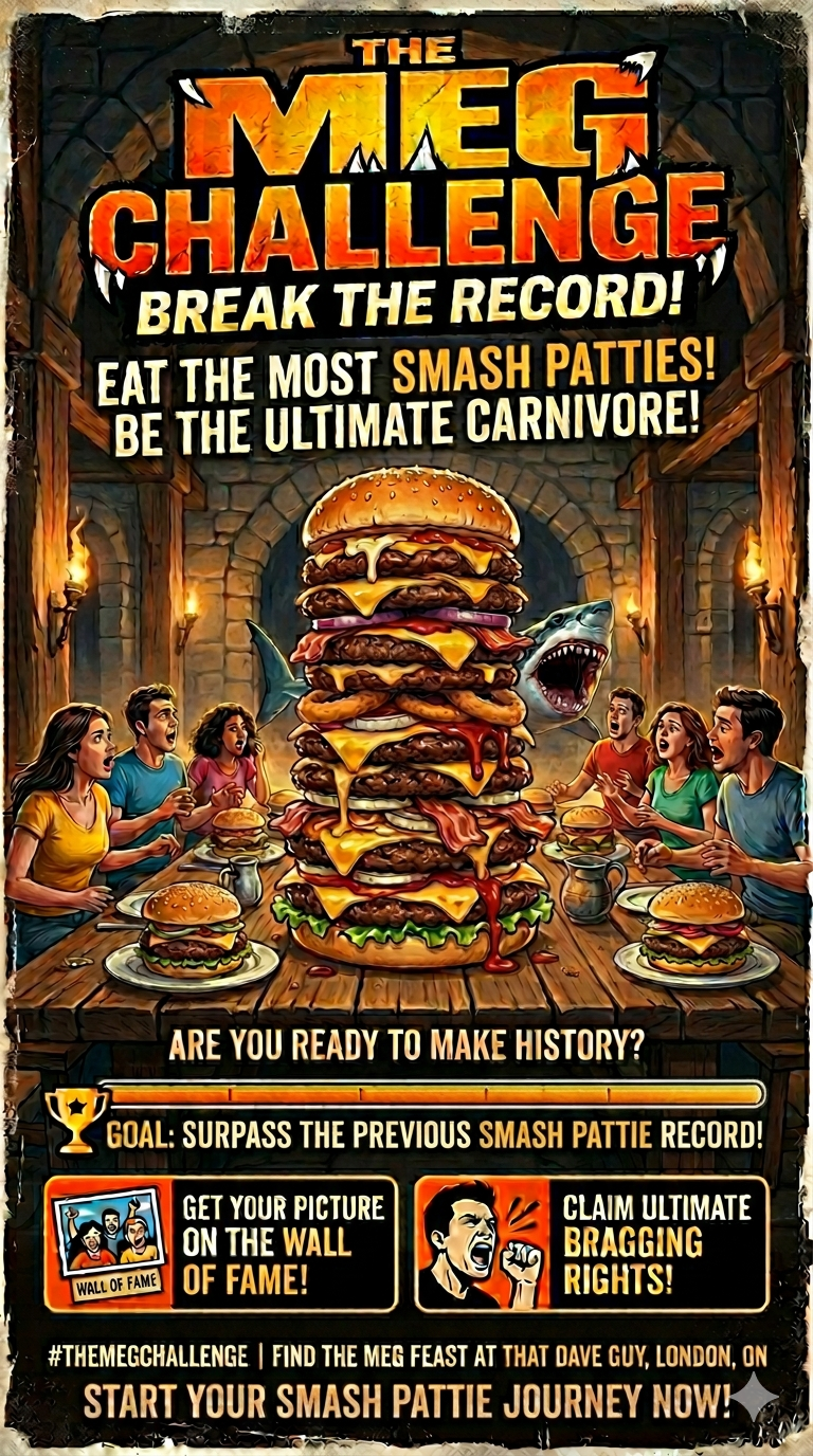 The Meg Challenge poster showing a giant smash patty burger challenge